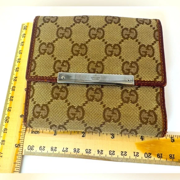 Gucci Wallet GG Supreme Bifold with Oxblood Leather & Logo Bar Plaque Authentic - Picture 15 of 16